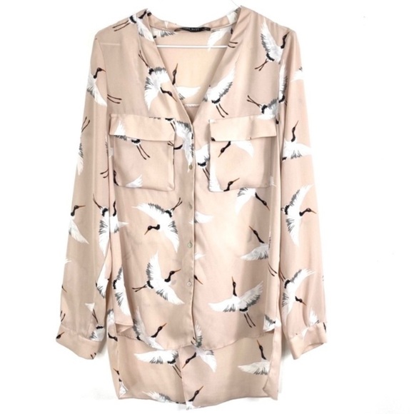 ZARA Crane Bird Print Crape Torch Button up Blouse in Dusty Pink Size XS - Picture 2 of 5